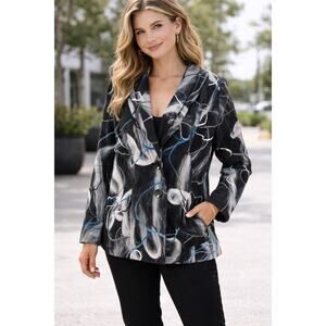 Lana Lee Womens Black Teal Embroidered Yarn Suit Jacket Blazer Wool Blend sz 12